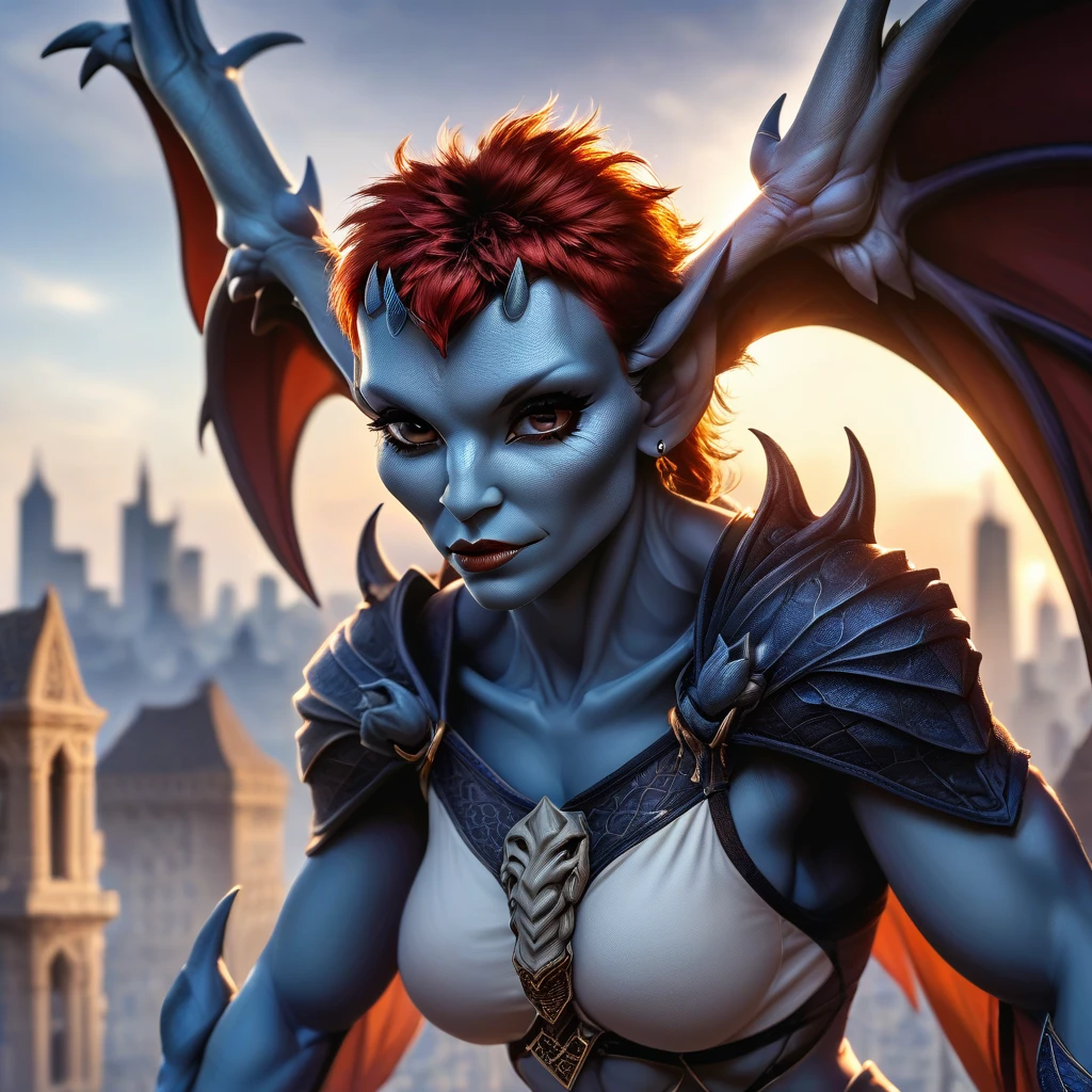 Female Gargoyle. Official Art – Charecter profile. An Award-Winning Digital Masterpiece In 4K Ultra HD, Extreme Detail And Intricate Realism. Symmetrical Face. This Concept Art Brought To Life By The Hands Of Artists Like Wlop & Artgerm In A Stunning 2D Vector Illustration.Background Is A Panoramic Vista.
