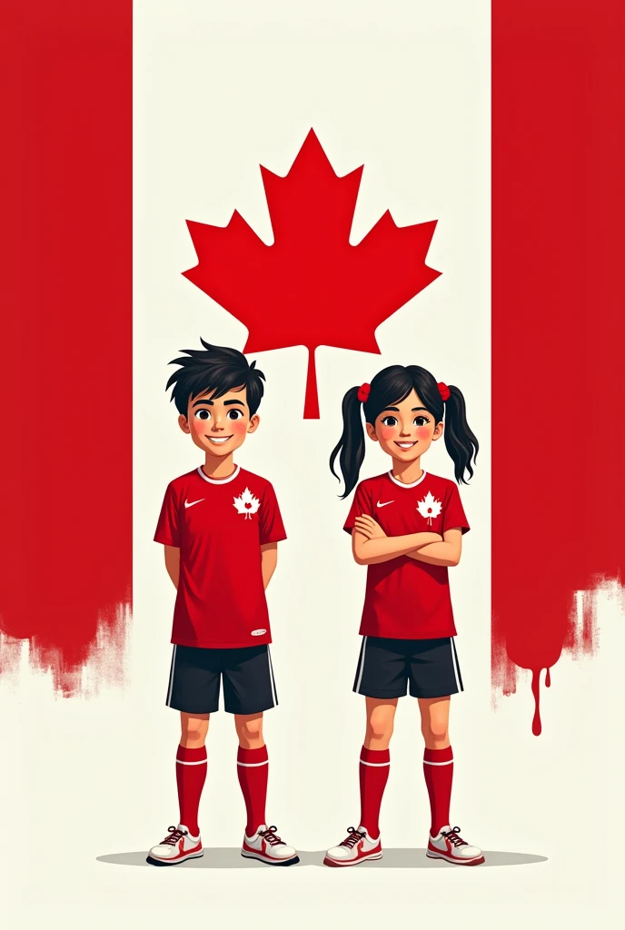 I want a poster with the Canadian flag with a boy and a girl with the Canadian soccer team measuring one meter wide by sixty centimeters high in drawing