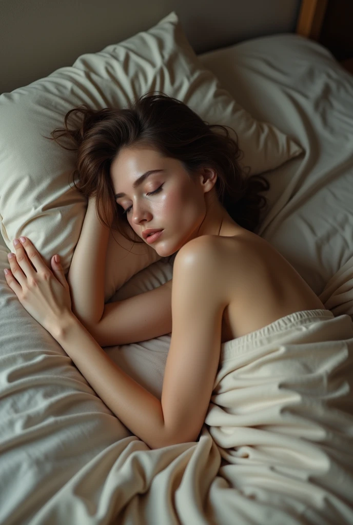 (photorealism:1.2), beautiful woman, sitting sleeping on bed with no dress naked