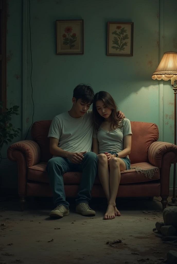 A young bored man and woman sitting on a worn out couch in a dark living room