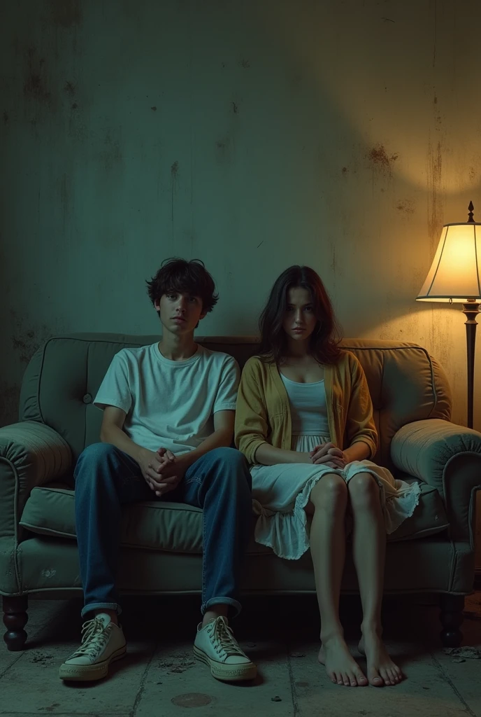 A young bored man and woman sitting on a worn out couch in a dark living room