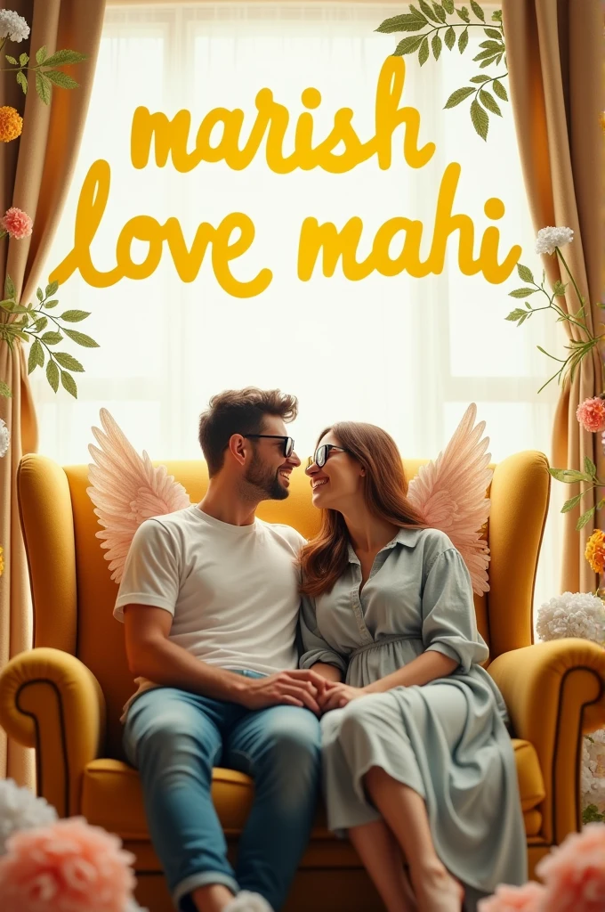 Create a 3D illusion for a profile picture where a 2 cute couple in red casual wearing and sun glasses sitting comfortably on a wingback chair, with “Manish love Mahi” written in big and bold Yellow letters on a white lit wall at the back. There dhould also be beautiful flowers, no shadows, and wings added to show that he or she is an angel.