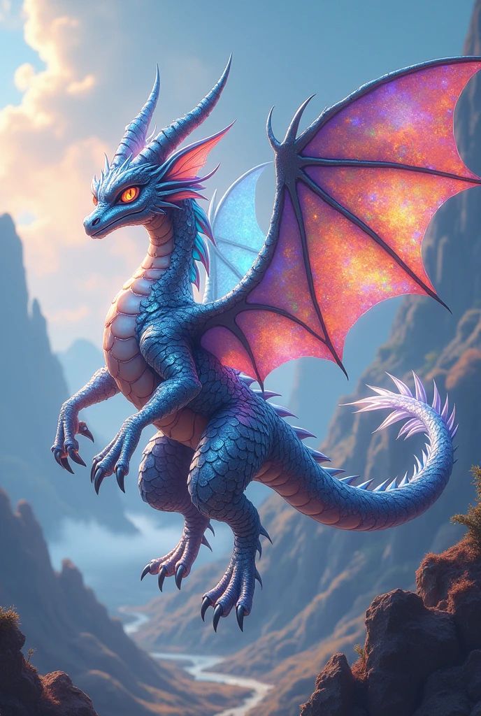 A fakemon dragon, dragon/steel type, with iridescent wings and a metallic sheen.