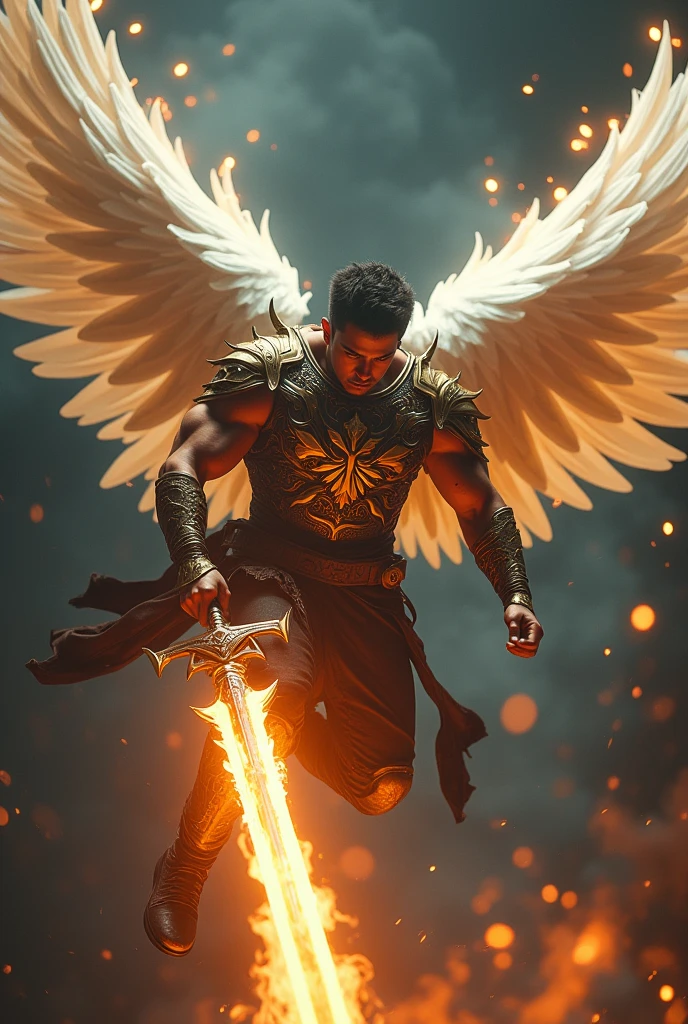masterpiece, best quality, realistic, ultra detailed, very sexy, very homoerotic, movie poster style, dungeons and dragons, character design, bruneian man with round face, muscular, fashionable dark hair, white angel wings, celestial heavy armor, flying mid-air, dramatic hero pose slashing with flaming sword, ambient lighting, dramatic shadows