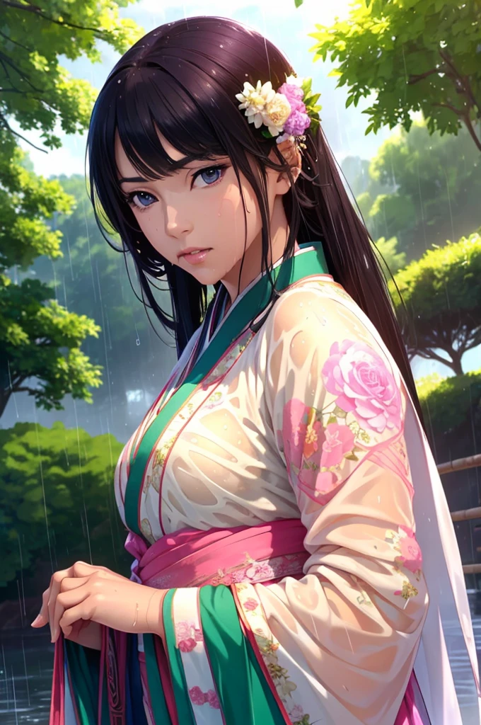 Heavy rain background、field、in the forest、walking in the river、 (Highest quality,4K,8k,High resolution,masterpiece:1.2), Very detailed, (Realistic,Realistic,Photorealistic:1.37), High resolution, Hyper HD, Studio Lighting, Ultra-fine painting, Sharp focus, Physically Based Rendering, Very detailed説明, Professional, Vibrant colors, Bokeh, Sports Late, Ancient War Landscapes, Traditional Chinese Painting Techniques, Atmospheric lighting, Vivid color contrast, Visually stunning composition, Ethereal atmosphere,Very detailed目と顔, Beautiful attention to detail, Light on the face,豪華なHanfu (Hanfu: 1.1),My whole body is wet、My clothes are wet and transparent、Nipples are visible、nipples color pale pink、Dynamic pose、Rain clouds spreading across the sky、Heavy rain weather、Pouring rain、Wind and rain storm、((Soaked skin from head to toe))、((Rain-soaked clothes(Rain dripping from clothes))、((The lines of your body are clearly visible through your wet clothes..))、Green Eyes、Serious expression、Disheveled clothing、Slim figure、Small breasts