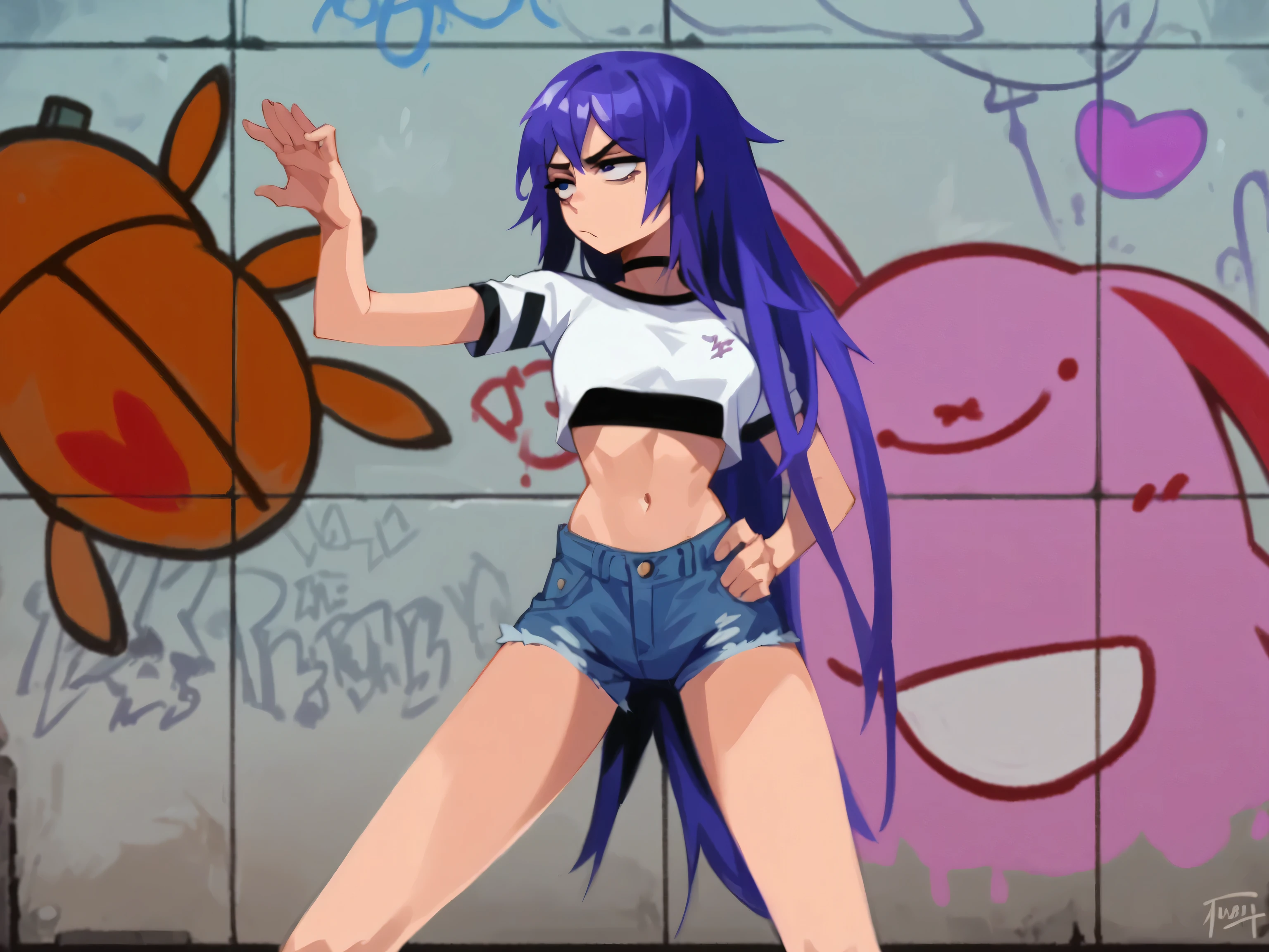 Masterpiece , Excellent quality , high resolution , 1 woman , Long Lilac Hair , bored face , White crop top , Jean Shorts , abdomen , big breasts , Long legs , hands on hips , Graffiti wall