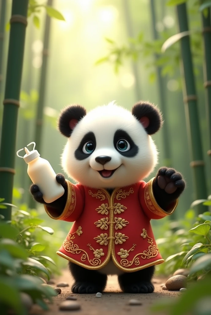Draw a picture of a baby panda wearing a Chinese costume shaking a milk bottle in the middle of a bamboo field. So cool.