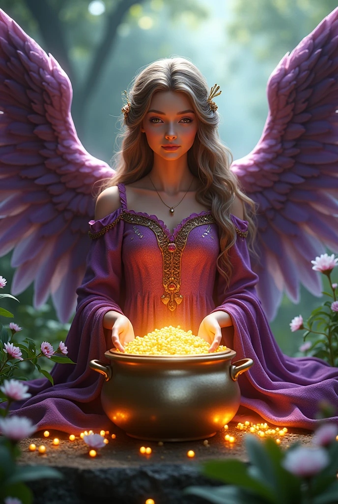 (Photorealism:1.2) a purple red angel, with violet velvet wings and a big pot of gold , in a garden full of emeralds