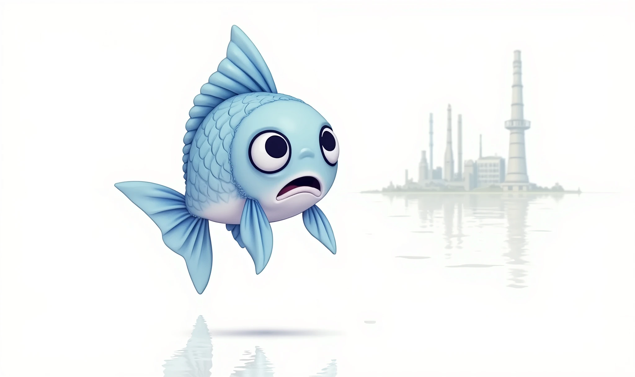 Create an image of a sad little fish with a polluted river, like the one in the image tip