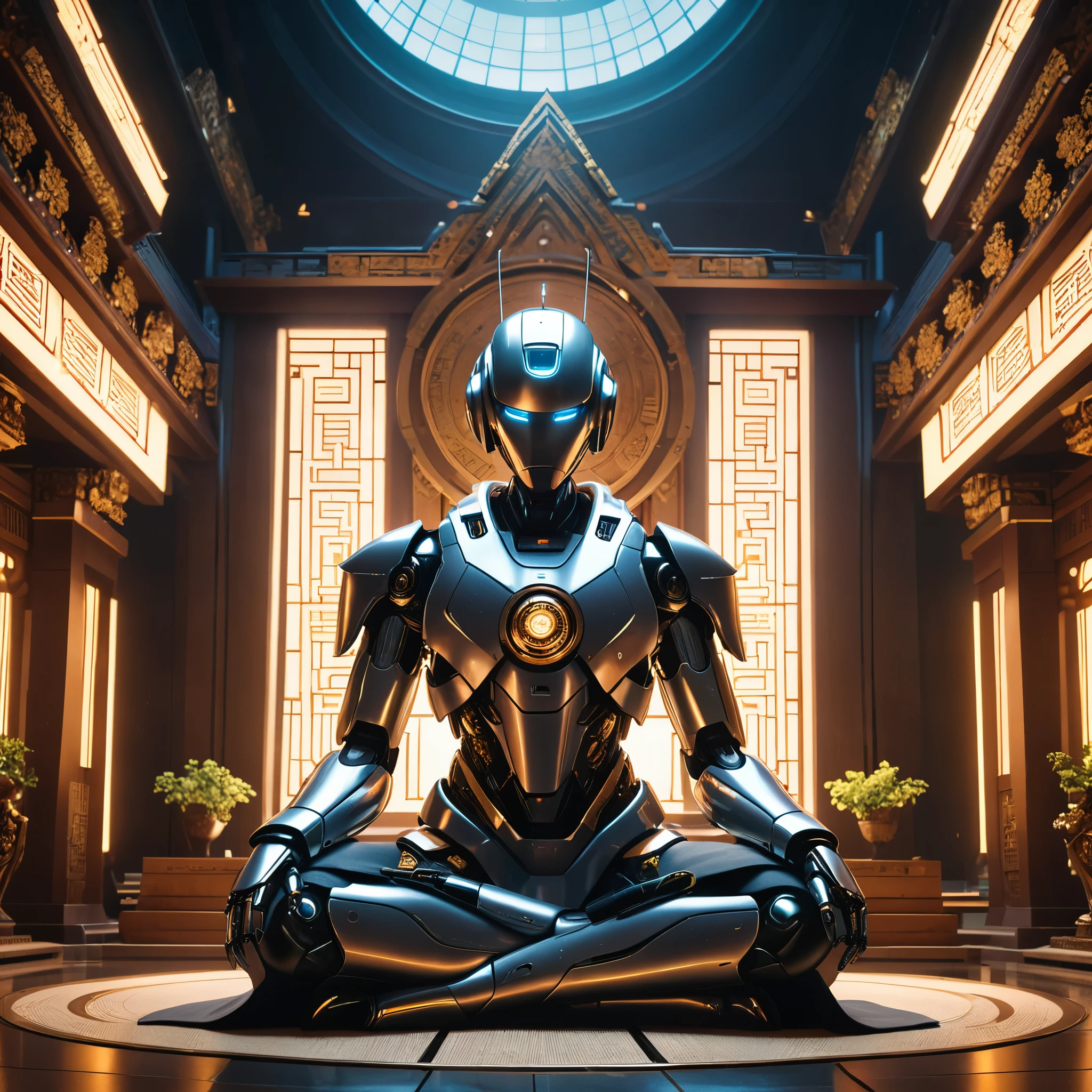 Image of a futuristic robot meditating in a temple with clean background, cinematic lighting, accurate, ultra-detailed, award-winning, best quality, ultra-realistic 32k benchmark, ultra-guided, editorial style photo shoot. wide angle, surreal, film, super-resolution, futuristic, hyper-detailed, sy-fy, fantasy structure, shot on Kodak 500T film