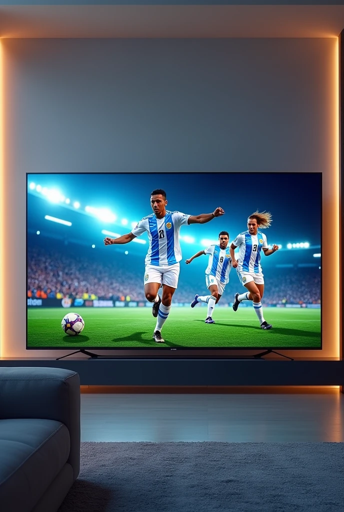 Advertisement for a modern television with an Argentine national team match on screen 