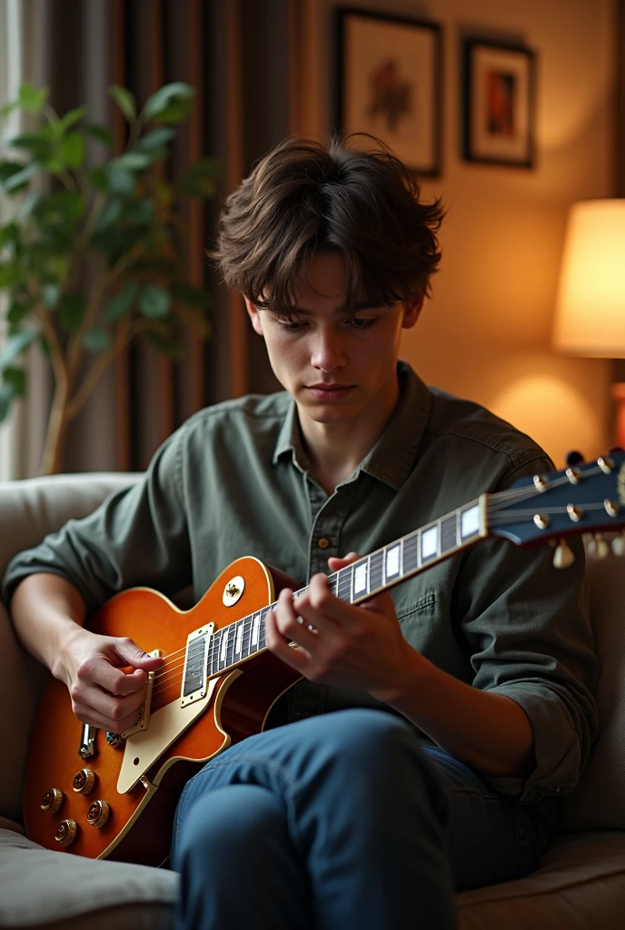 Young man medium brown hair brown eyes playing les paul on sofa 8k ultrarealistic 