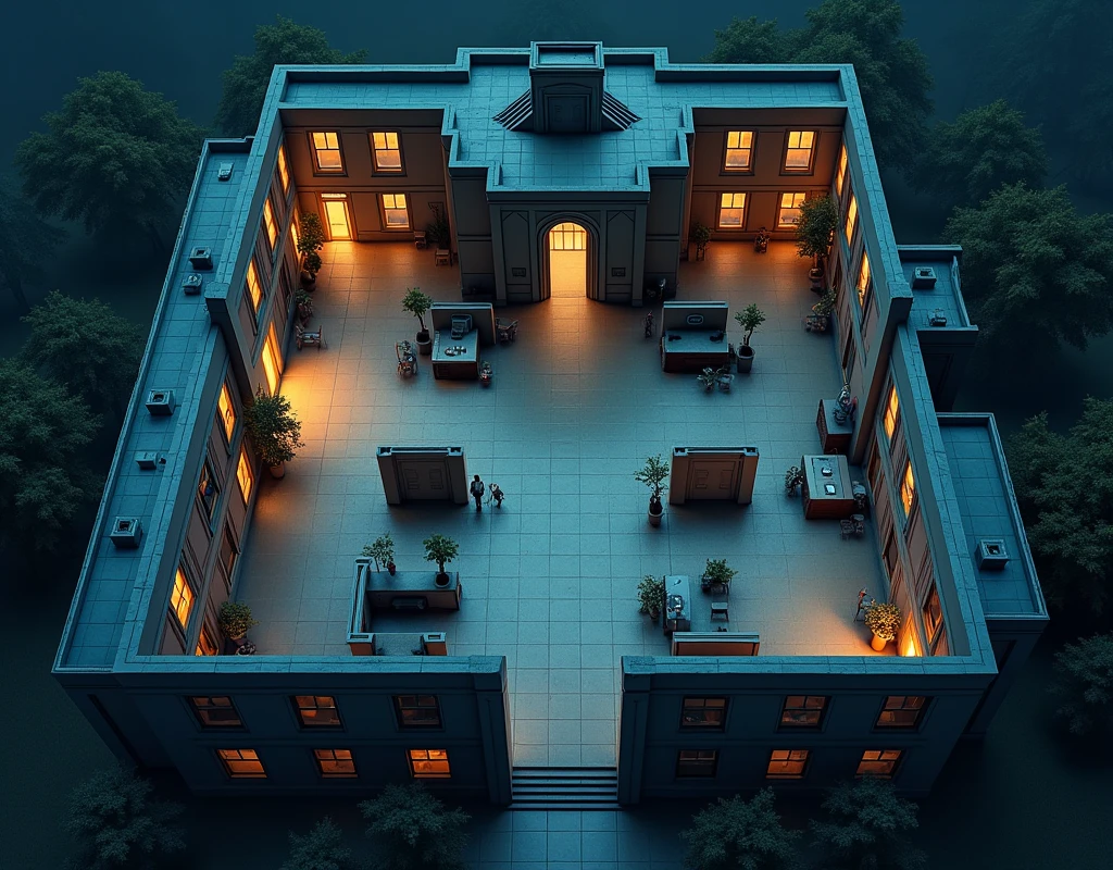 vampire the masquerade, map rpg, ((Map of the floor plan of a U-shaped, modern building, Hospita.)), game art, birdseye straight top-down shot from a drone, battlemap, current modern theme, seen from above, role-playing game, empty location, nighttime environment, (with realistic proportions and textures, intricate details, handdrawn, vibrant, cinematic lighting, masterpiece, 8k:1.2)