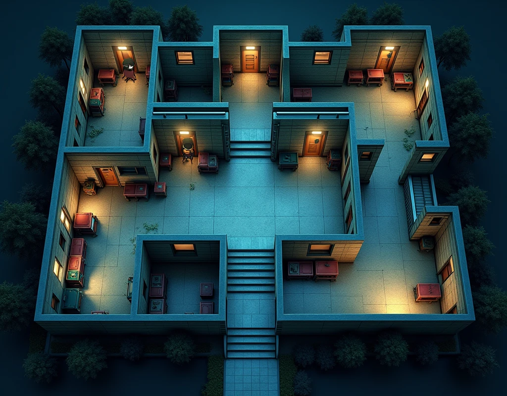 vampire the masquerade, map rpg, ((Map of the floor plan of a U-shaped, modern building, Hospita.)), game art, birdseye straight top-down shot from a drone, battlemap, current modern theme, seen from above, role-playing game, empty location, nighttime environment, (with realistic proportions and textures, intricate details, handdrawn, vibrant, cinematic lighting, masterpiece, 8k:1.2)