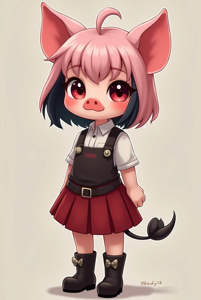 A girl of approximately ,with very light pink skin, pastel pink hair with some black strands, Red loop, pig ears, pig nose,one eye red and the other black,white  shirt,red skirt and black jumpsuit,black cartoon style boots 