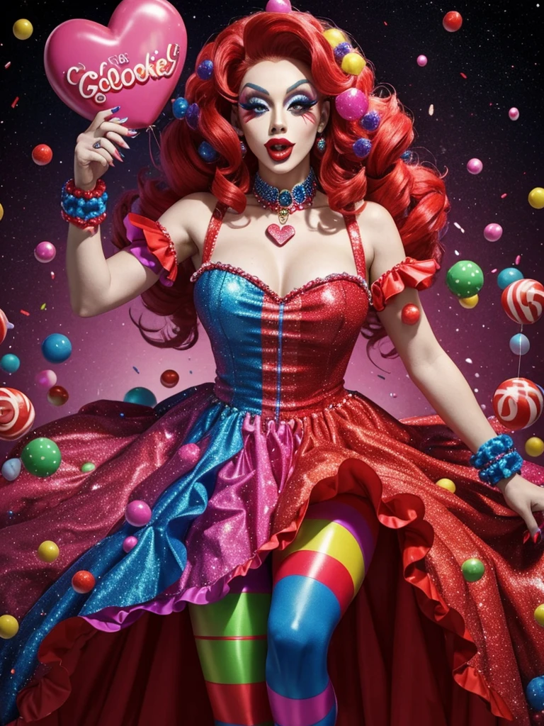 Drag queen named cookie clown with a Very red noise in a dress , made out of many colors of candys like gum drops and peppermints (show her full dress and two legs in the image)