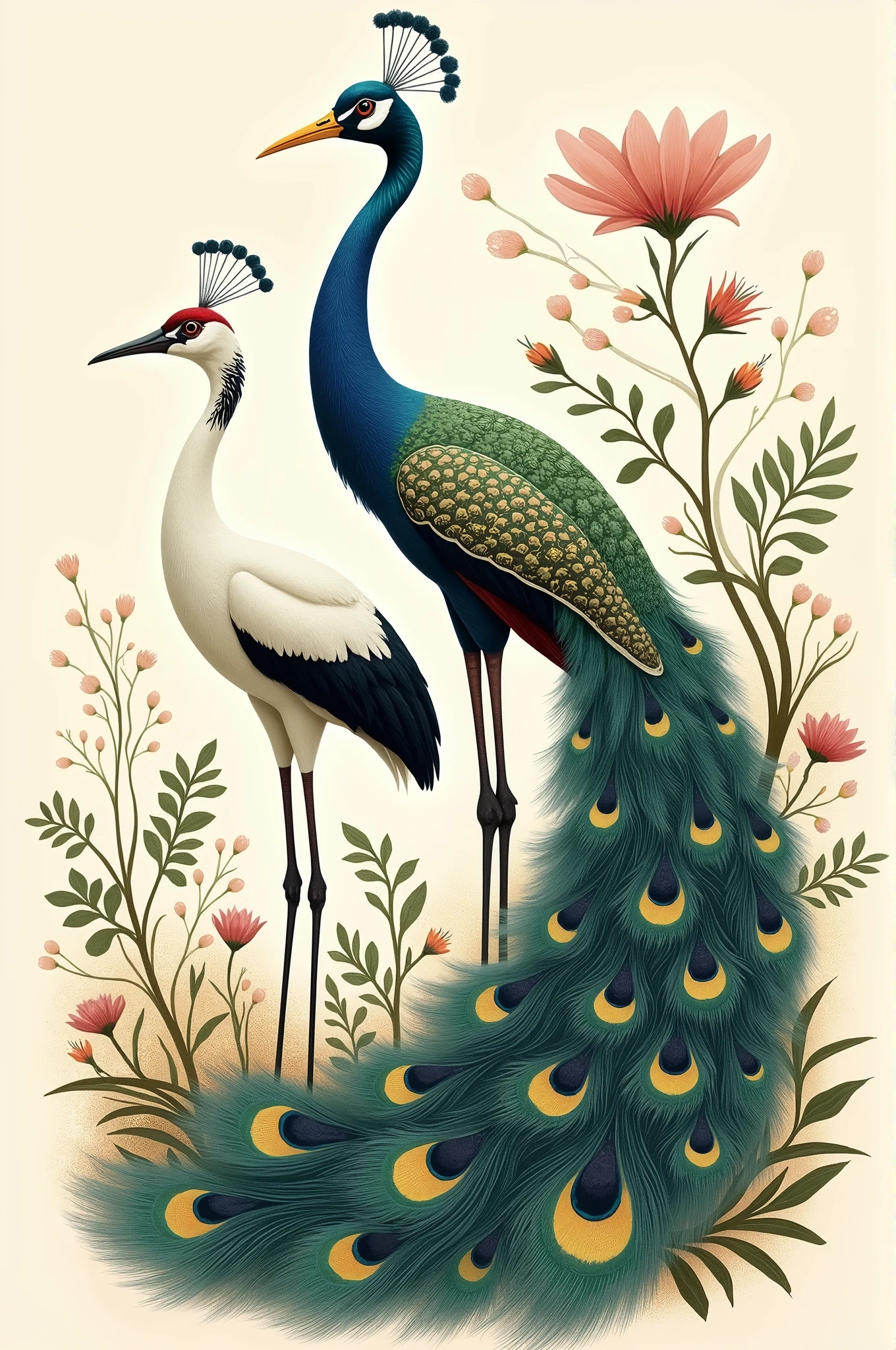 Crane and peacock illustration