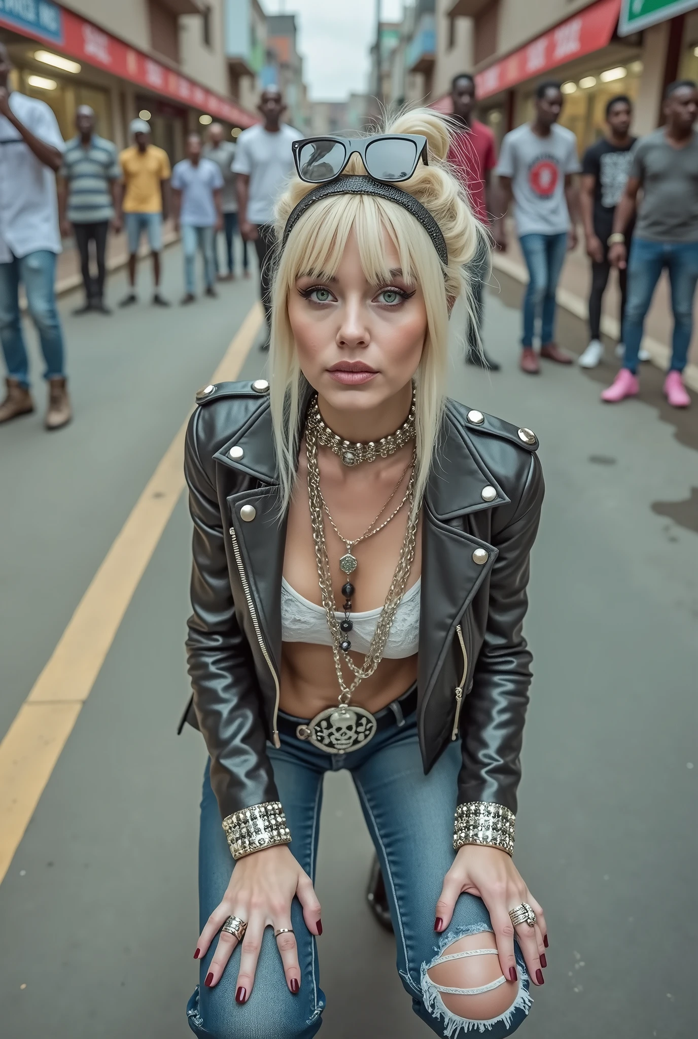 Anglosaxon old milf woman, , blonde platinum hair (beehive bun, black parsley headband), with very light green eyes, extremely pale. Wearing oversized square black maxisunglasses Wearing studded cropped black moto jacket (verical zippers on the sides). Black lace push up bra, dark blueskinny, tight low rise jeans (holes in knees). Silver Chelsea boots with cuban heels. Lots of thick wide studded bracelets, chain collars and big rings. Tacky wide studded leather belt, with big skull and bones round buckle. Long earrings with chains. Squatting on a large ragged, dirty usa flag, looking at the photographer. Craving heavily. Hands on knees. Waste and trash all over the floor. Her studded leather bag, thron away. Looking at the camera, chin up. Toned abdominals, thin neck, slim legs and thin arms. Neck, chest, belly, hands and arms completely tattoed. Street of Nairobi, crowded with muscular shirtless men in jeans, street full of puddles and garbage. Her studded black leather bag is a few metres behind her