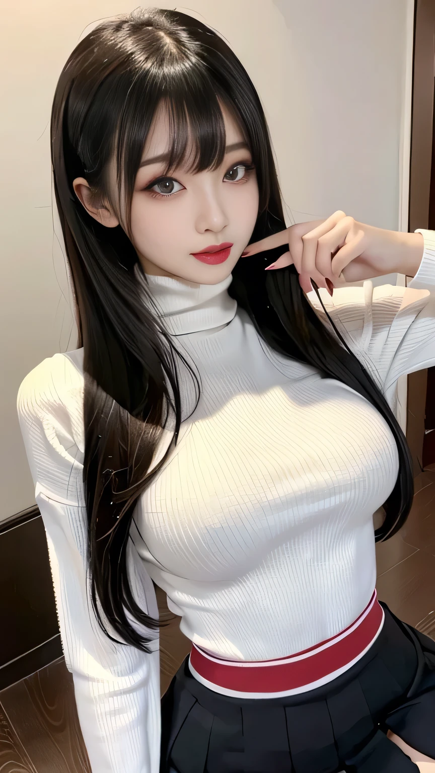 Ultra-detailed、Japanese、attractive beauty、seductive young skinny woman、pretty thin woman、piercing eyes、cool girl、long black hair, swept bangs、turtleneck sweater tucked in, high waisted skirt, black pantyhose, sexy vampire, fangs, glowing red eyes, Evil cadres、evil depravity、brainwash、mind control、apply lipstick、smirk、Evil expression、evil、empty eyes、evil、contrapposto、Hypnosis、brainwashing、makeup brush, large breasts, taut clothing, cute posture, back arching sexy, O mouth, skinny thin hourglass shape, evil mistress smirk, seductive pose, Japanese mistress, hair highlights, evil, impossible skinny hourglass figure, beautiful Japanese idol goddess, long high-waist skirt, pantyhose, full body shot