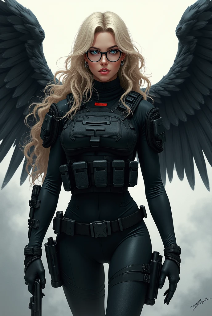 Girl with long blonde hair in waves wearing black tactical military gear armed to the teeth holding a gun, with two black wings on his back with blue eyes his teeth some glasses 