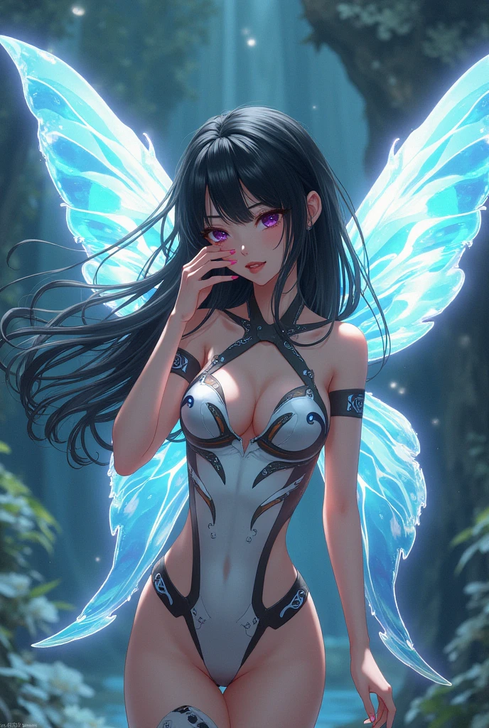 a fairy, with crystal wings that reflect the sunlight , in anime format, with futuristic and technological clothes, big black hair, in the form of cell phone wallpaper 