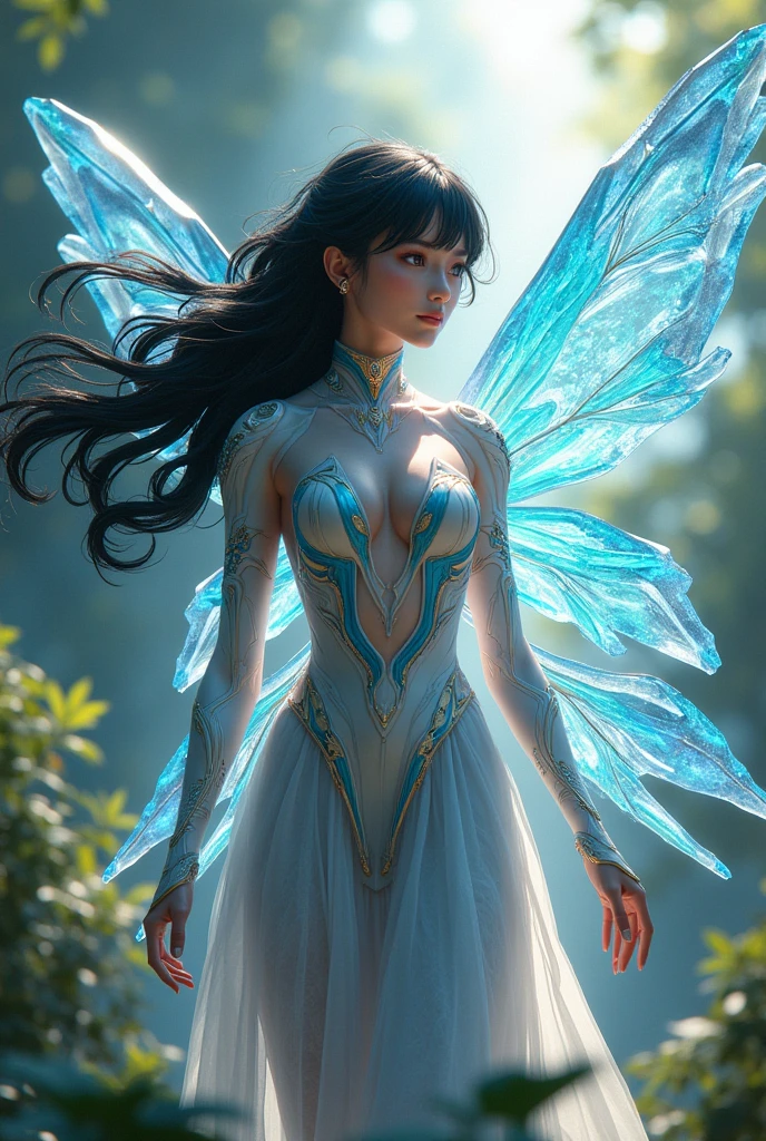 a fairy, with crystal wings that reflect the sunlight , in anime format, with futuristic and technological clothes, big black hair, in the form of cell phone wallpaper 