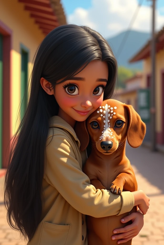 from this platform: "There is a small dachshund that has many white spots around its face., She has a light brown body and a teenager who is hugging her, straight black hair and brunette in Guaranda Ecuador