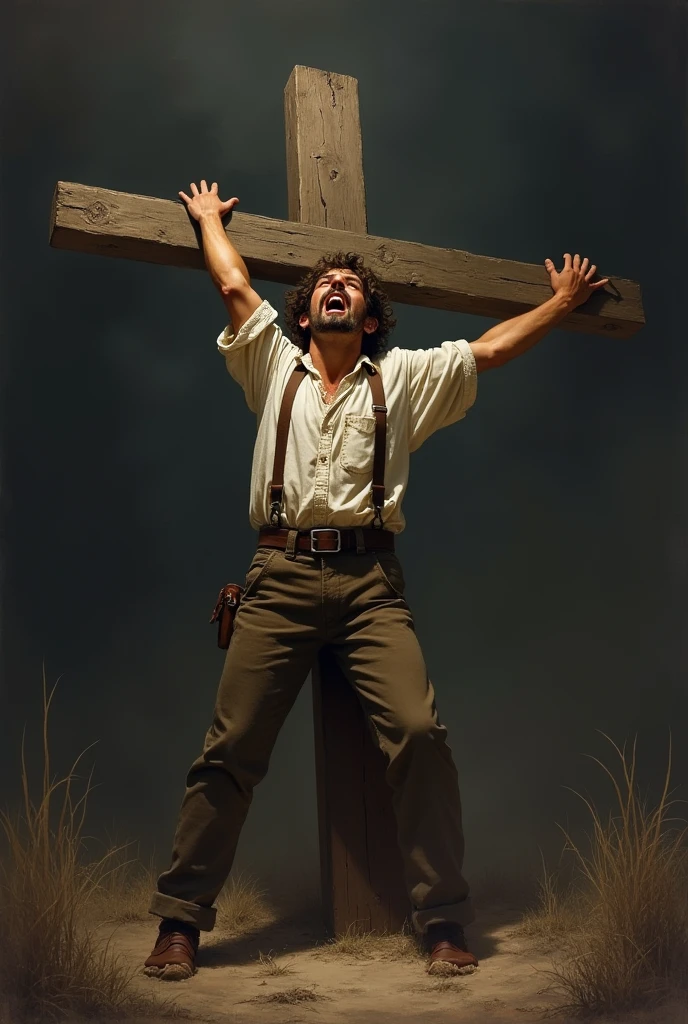 19-year-old man clinging to a cross in 19th-century clothing