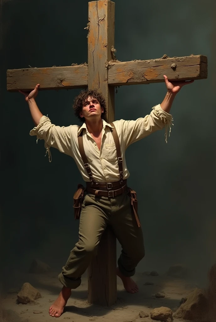 19-year-old man clinging to a cross in 19th-century clothing