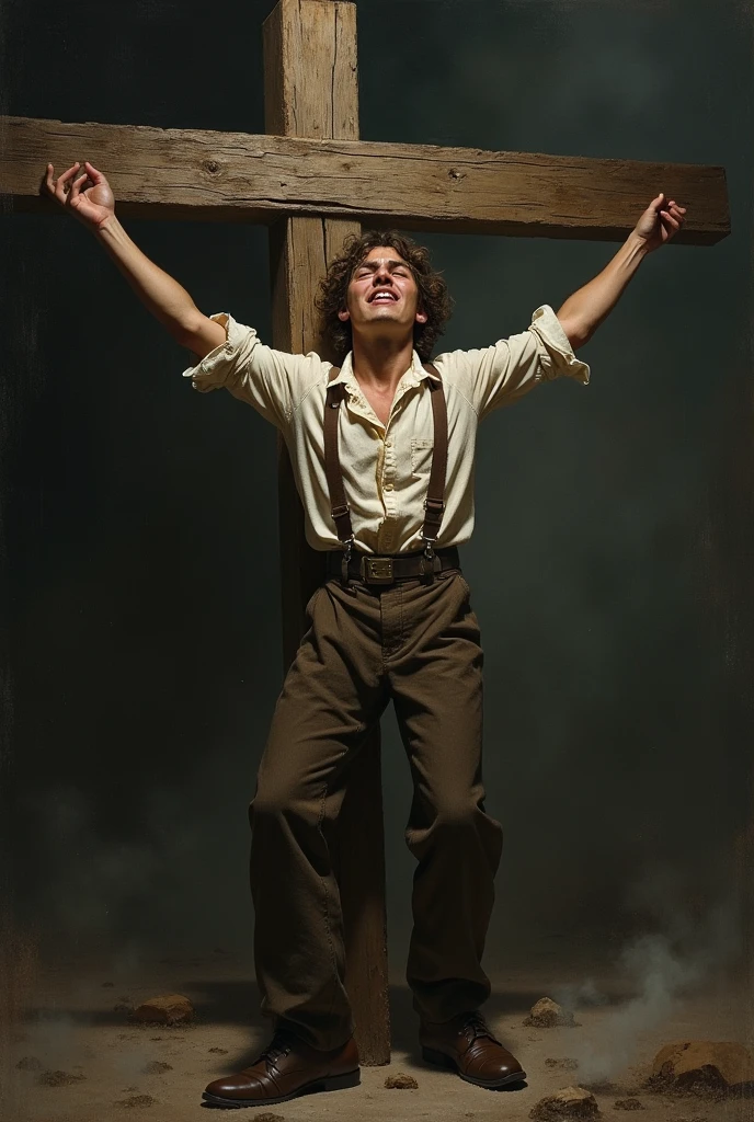 19-year-old man clinging to a cross in 19th-century clothing