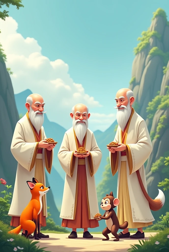 There are cartoon versions of three elderly men wearing long white clothes standing in the mountains. An orange fox and a brown monkey give them food.