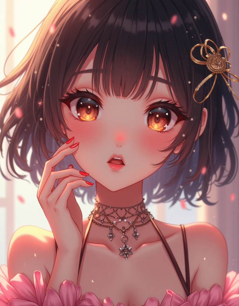 A beautiful cute anime girl, detailed face, expressive eyes, long eyelashes, small nose, detailed lips, detailed skin, detailed hair, intricate accessories, glitter, photographic, dynamic pose, bright vivid colors, soft lighting, cinematic composition, highly detailed, masterpiece, 4k, high resolution, photorealistic, digital painting