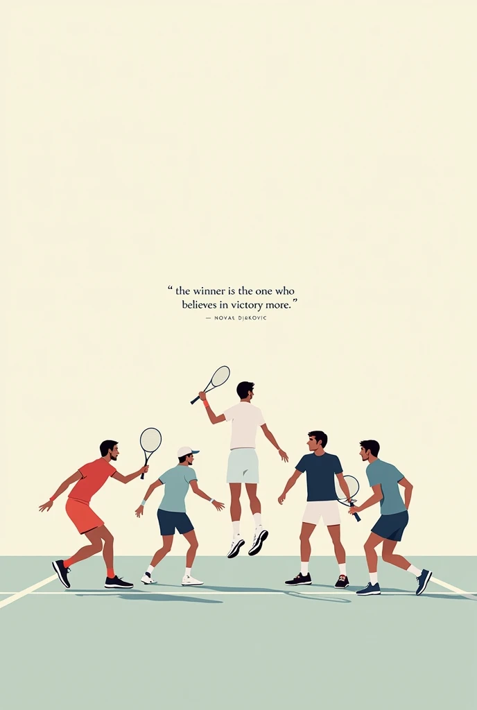 Minimalist square-sized image of Novak Djokovic alongside other prominent male tennis players, how Nadal, Sinner, Alcaraz, Rublev. In the background a tennis court, and soft colors. Let the players come out in full body playing a match. And put the phrase of Novak Djokovic: “The winner is the one who believes in victory more”. Let Novak star in the image.