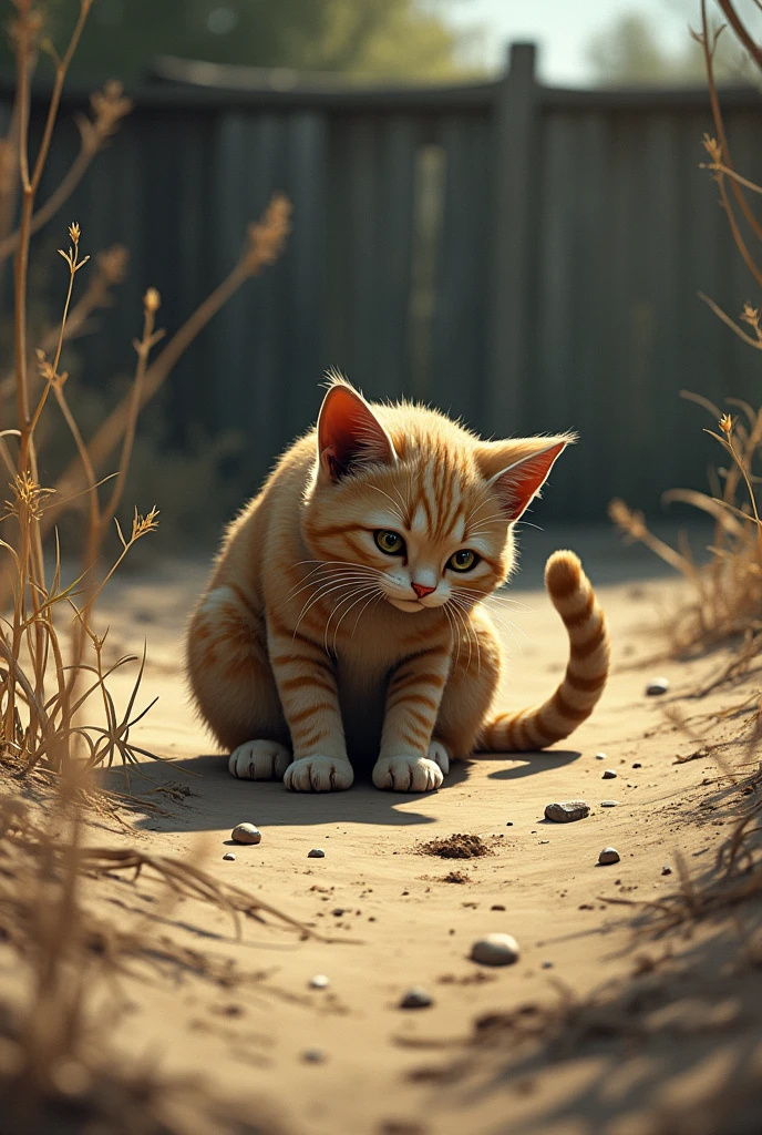 Cat looking for her babies buried in a dirt yard, the cat all depressed and sad 