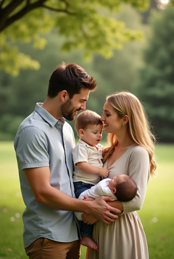 Jhon, which is his name, is 2, has brown hair and dark eyes, and is in the park with his family, which are his short blonde wife and his newborn baby son in the girl&#39;s arms., while a short 40-year-old man with dark hair and light eyes takes a photo of them