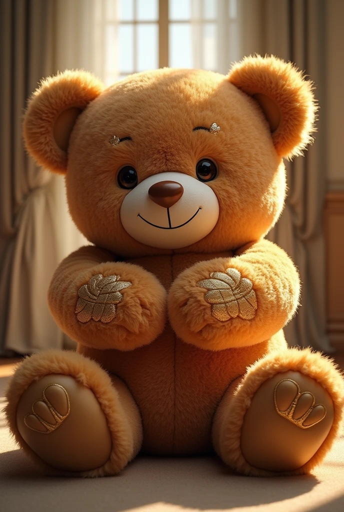 A giant teddy bear, realisitic, with soft, shiny golden brown fur, expressive brown eyes and a gentle smile. High quality embroidery details in gold tones on its ears and paws. He is sitting comfortably, With hands folded over his chest, transmitting a feeling of security and welcome. Estilo realisitic, with soft lighting and a cozy atmosphere.