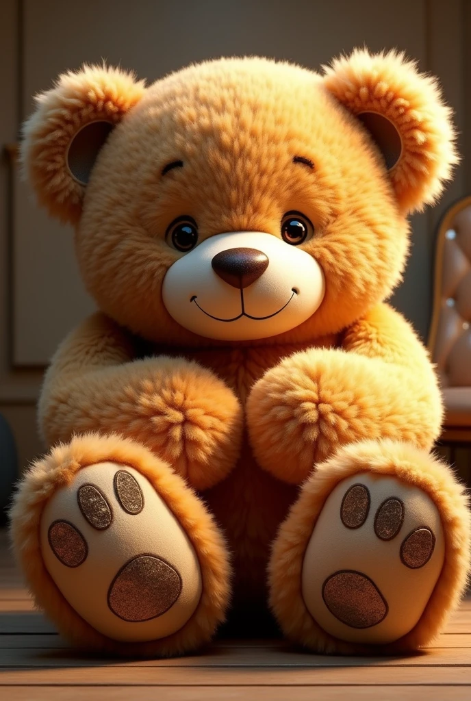 A giant teddy bear, realisitic, with soft, shiny golden brown fur, expressive brown eyes and a gentle smile. High quality embroidery details in gold tones on its ears and paws. He is sitting comfortably, With hands folded over his chest, transmitting a feeling of security and welcome. Estilo realisitic, with soft lighting and a cozy atmosphere.