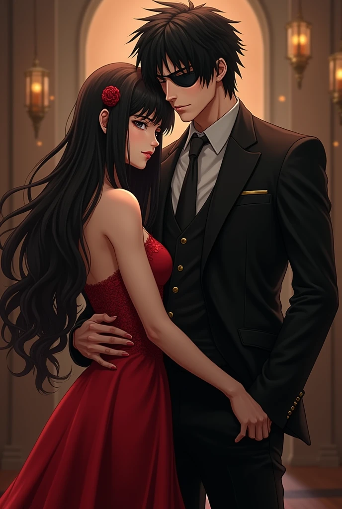 Sasuke Uchiha with an eye patch and a stylish black suit hugging Sakura Haruno with her long hair and wearing a red dress, both dressed in elegant clothes as if they were from the mafia