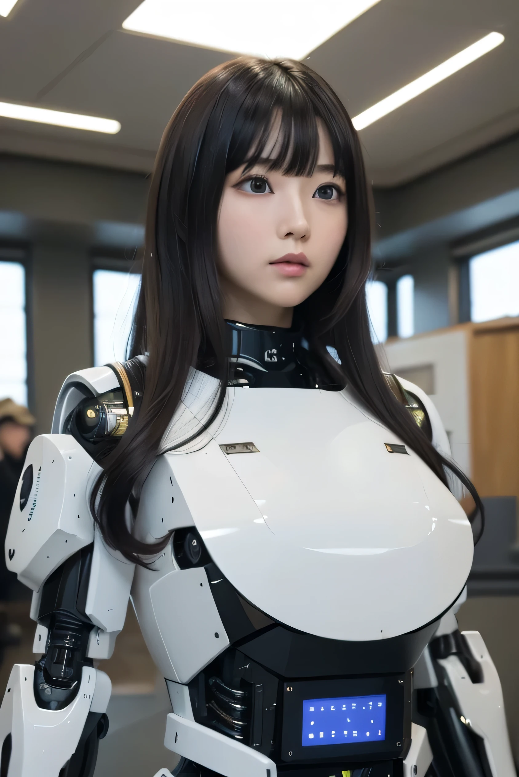 masterpiece, best quality, extremely detailed, Japaese android girl,portrait,Plump,a bit chubby,control panels,android,Droid,Mechanical Hand, Robot arms and legs, Black hair,Blunt bangs,perfect robot girl,long tube,thick cable connected her neck,android,robot,humanoid,cyborg,japanese cyborg girl ,robot-assembly plant,She is assembling now,assembly scene,blue eyes,chest monitor,hypnosis,blank eyes,She is exhibits,museum hall,