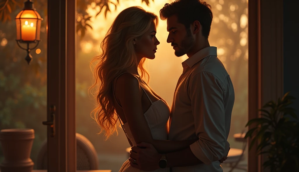 woman 40 years old ,hair blonde, in short dress, A 20 year old man ,no patio