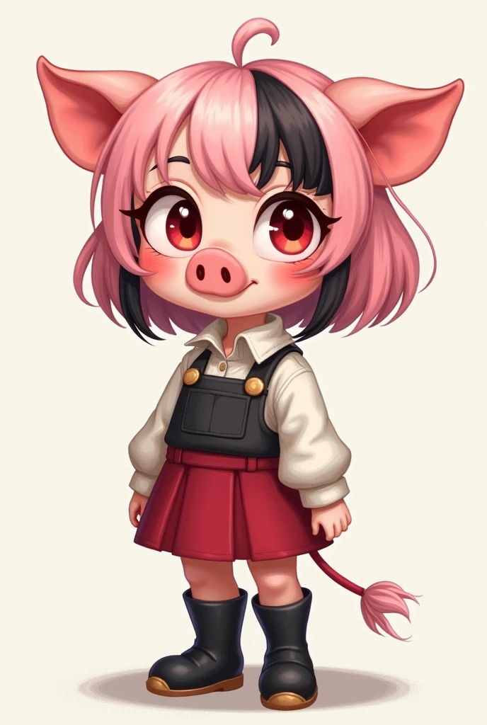 A girl of approximately ,with very light pink skin, pastel pink hair with some black strands, Red loop, pig ears, pig nose,one eye red and the other black,white shirt,red skirt and black jumpsuit,black cartoon style boots