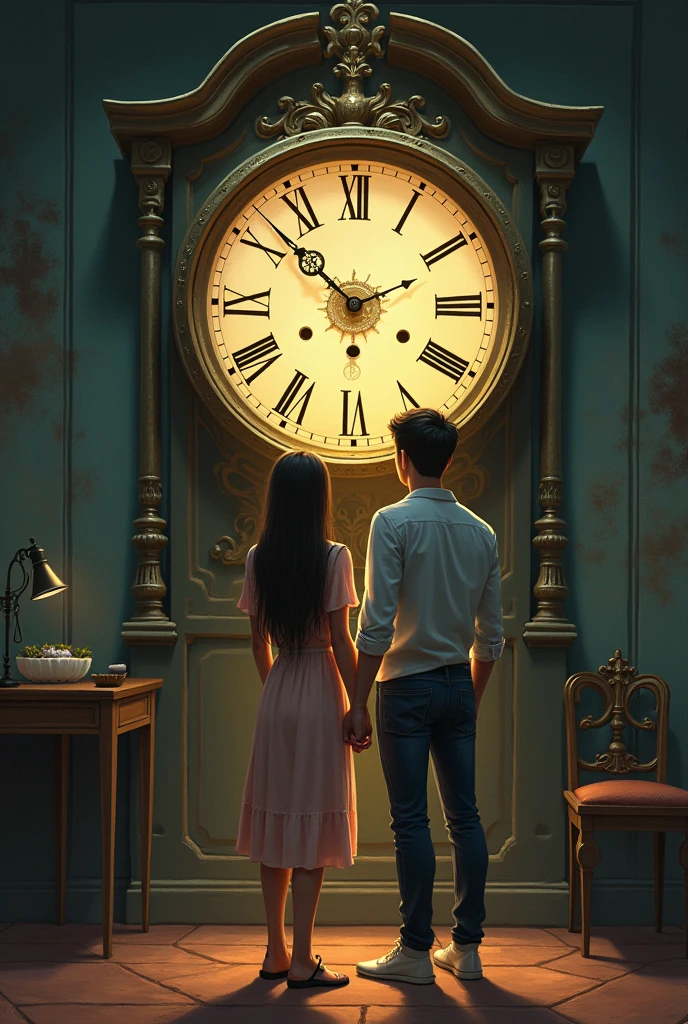 the girl Liz and Jhon Luis the young man returning to their time, with the old clock in the foreground and an image of Dino smiling in the distance. u v