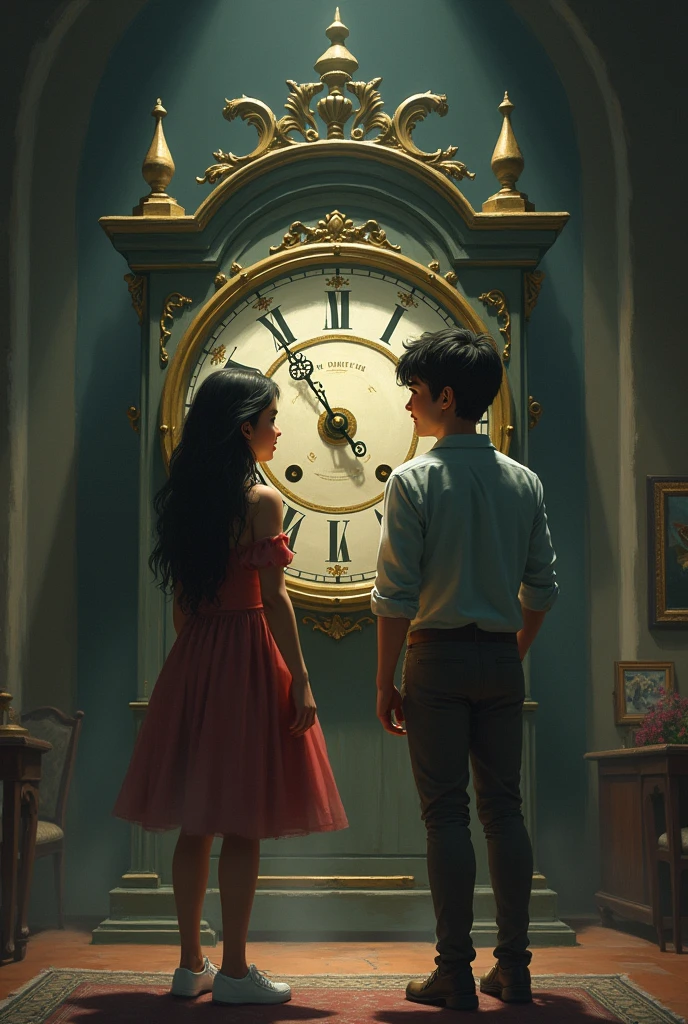 the girl Liz and Jhon Luis the young man returning to their time, with the old clock in the foreground and an image of Dino smiling in the distance. u v
