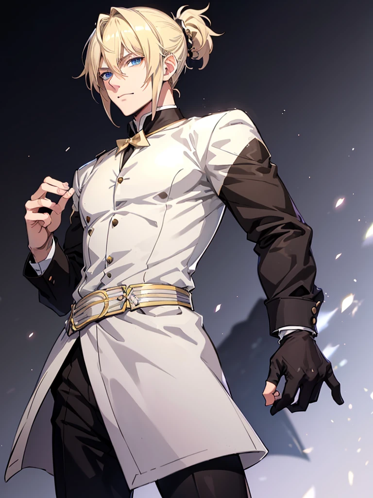 Anime attractive man, 20 year old, blonde hair, very very short ponytail, tall, muscular, black suit, silver lining, formal clothes, solo, one person, high resolution, high quality, masterpiece, masculine face, smirk.