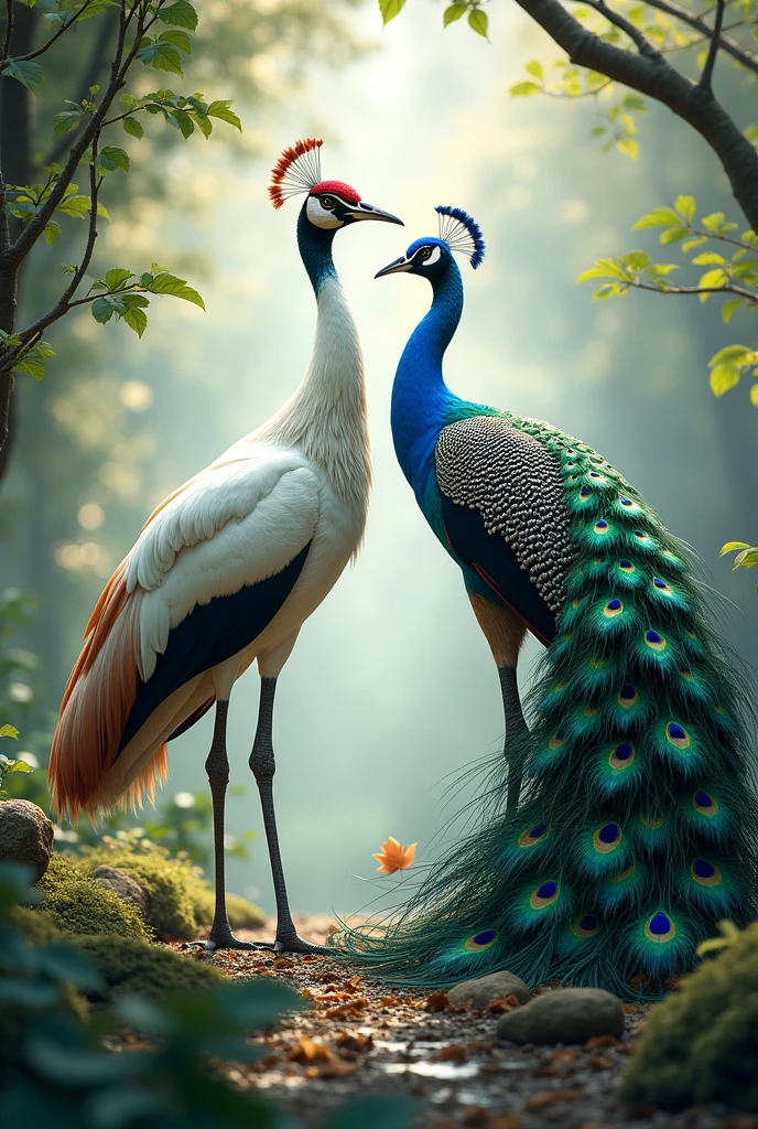 (best quality,4k,8k,highres,masterpiece:1.2),ultra-detailed,(realistic,photorealistic,photo-realistic:1.37),beautiful detailed crane,beautiful detailed peacock,detailed feathers,intricate patterns,vibrant colors,dynamic composition,natural lighting,concept art,digital painting,fantasy illustration