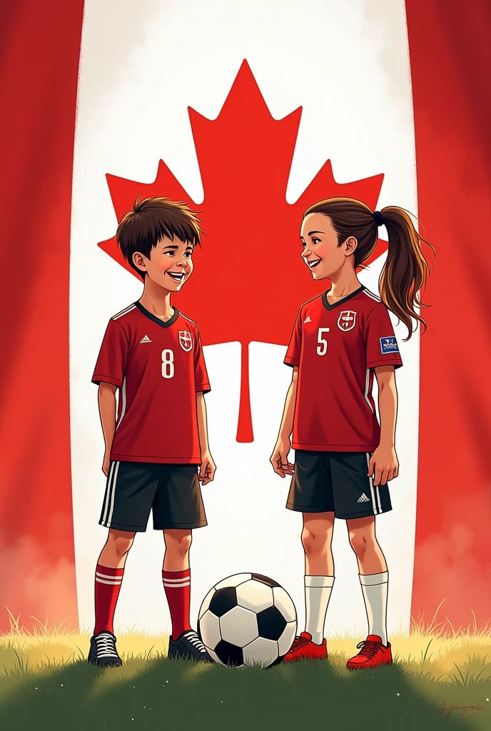 I want a poster with the Canadian flag with a boy and a girl with the Canadian soccer team measuring one meter high by sixty centimeters wide in drawing