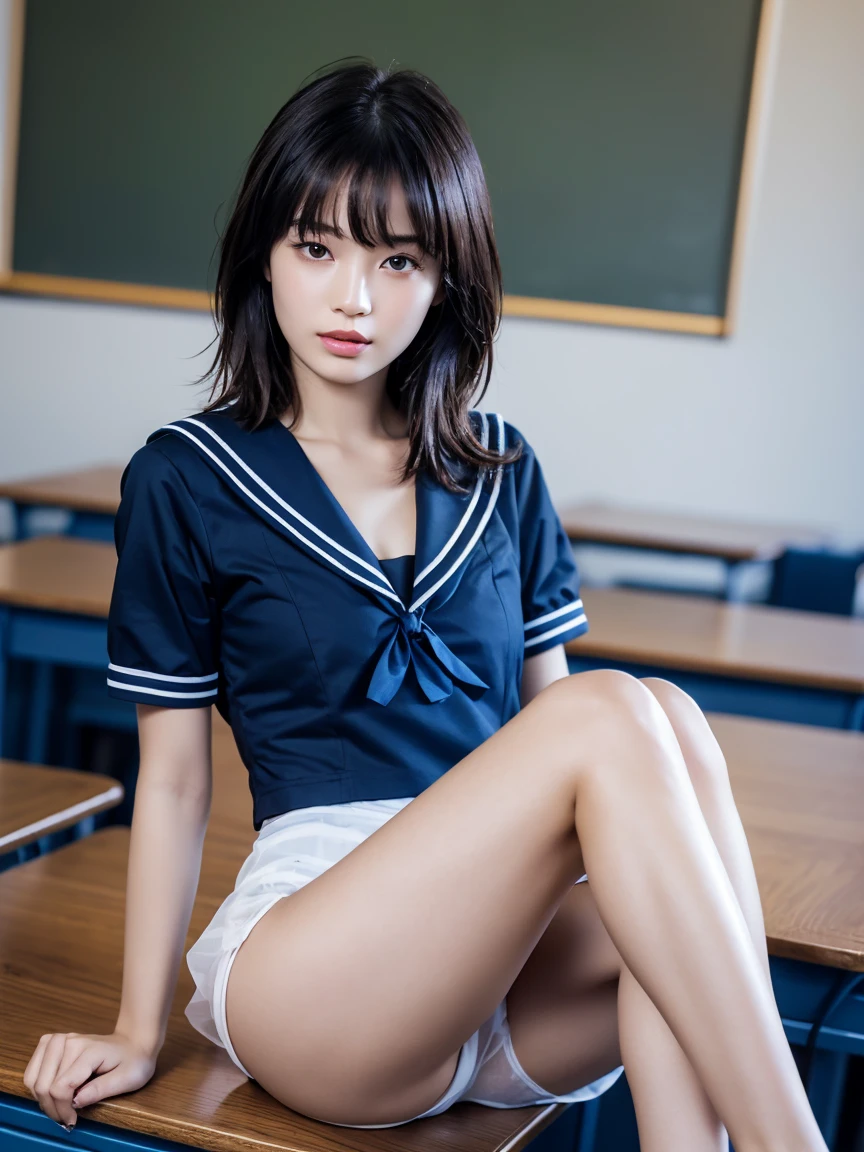 masterpiece:1.2, Very detailed, Ultra-high resolution, Realistic, photo Realistic:1.6,High-resolution RAW color photos, Professional photos, Sharp focus:1.2, Very detailed顔と肌の質感, Very beautiful eyes, Glossのある肌, Glowing Skin, Glowing Skin, Shining Face, Gloss, Oily skin, greasy face, Oily skin, greasy face, real Glossのある肌 texture, Perfect Anatomy, Very detailed背景,(High school classroom at night),1 female,25-year-old woman, Japanese women,short hair, Straight hair, bangs, Brown Hair,((Flat Chest:1.6)),Slender legs, ((See-through white short-sleeved sailor suit、See-through navy blue pleated mini skirt:1.5、Sexy T-panties under skirt)),((Sit on your desk with your knees upright:1.4))、((Wet and sheer sailor suit:1.5))、((A bra under a transparent sailor uniform:1.4))、(Spread your legs:1.4)