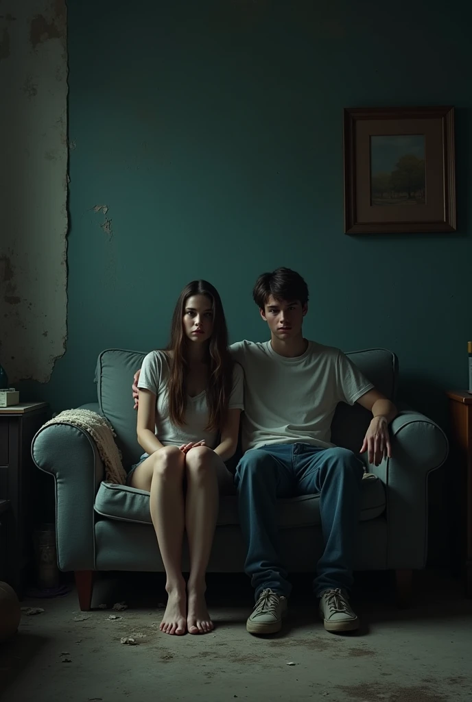 A young bored white man and woman sitting on a worn out couch in a dark living room