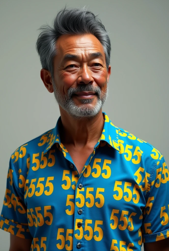 Create a 50 year old man with dark skin, with a large forehead and a short quiff, wearing a blue shirt with 55555 written on it yellow