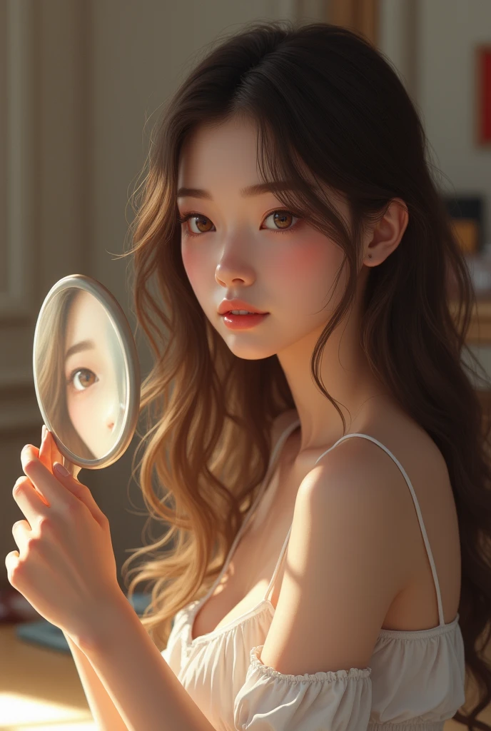 Pretty young realistic woman, clear skin, light brown eyes, brown wavy hair and long, thick eyelashes looking at herself in a hand mirror in her bedroom sitting at a dressing table